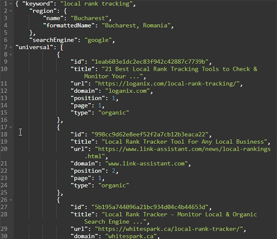 GeoRanker SEO API Sample JSON data