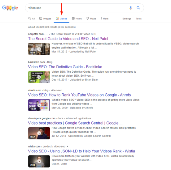 Google Videos Tab