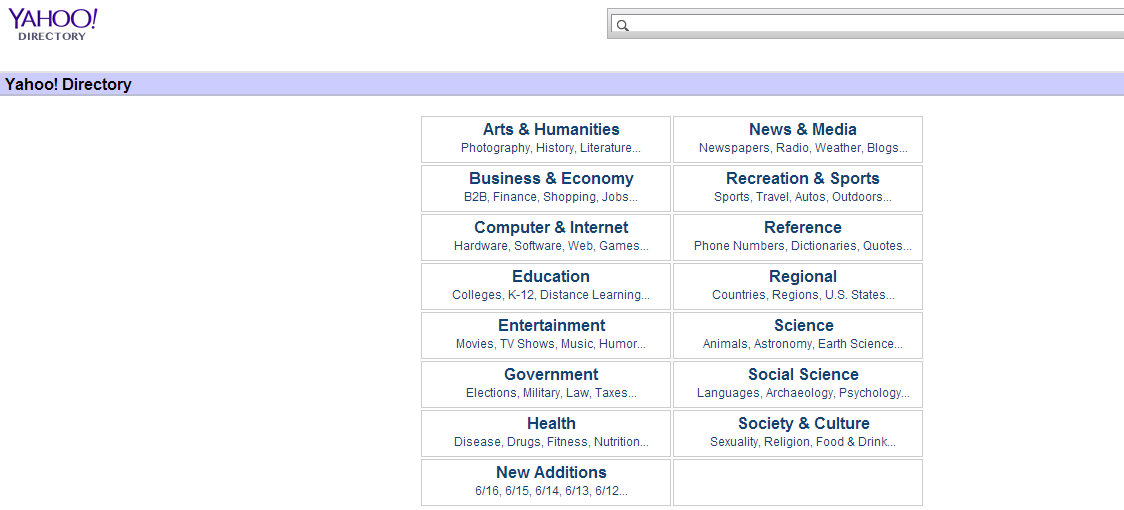 El Yahoo! fue el primer directorio desarrollado en la web en el año 1994, comenzando a funcionar al año siguiente junto con e